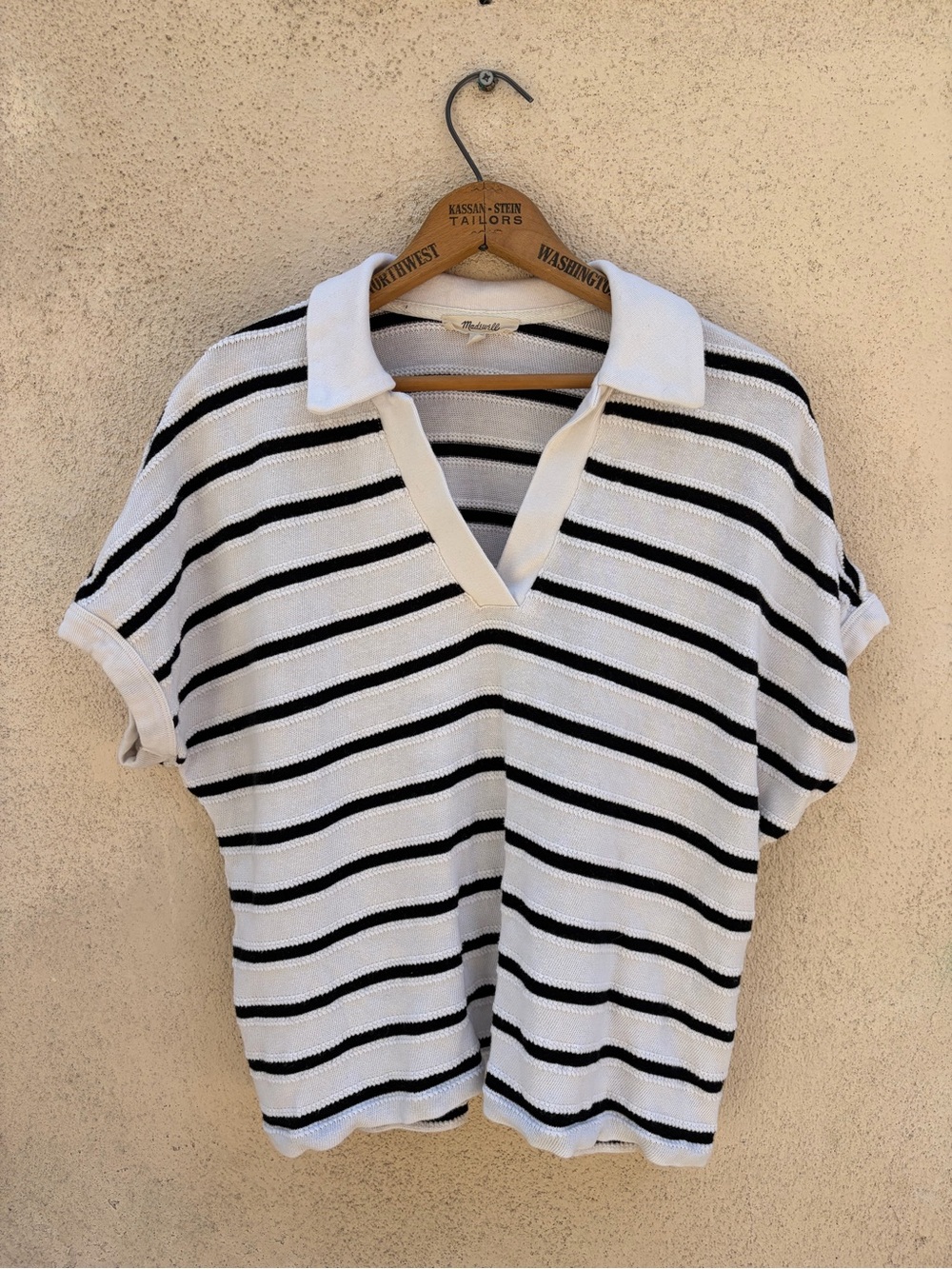 Madewell Black & White Striped V‑Neck Polo Sweater